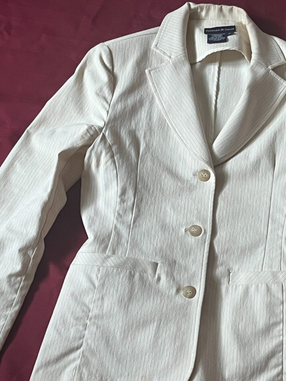 Tailored  Cream womens blazer with black stripe from Tristan & Iseut size M